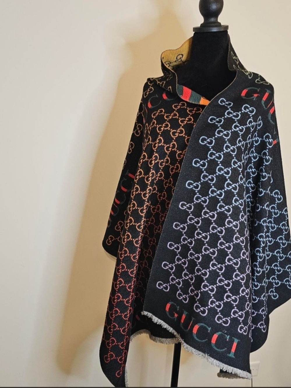 Designer-Inspired Black Scarf with Blue and Orange Pattern